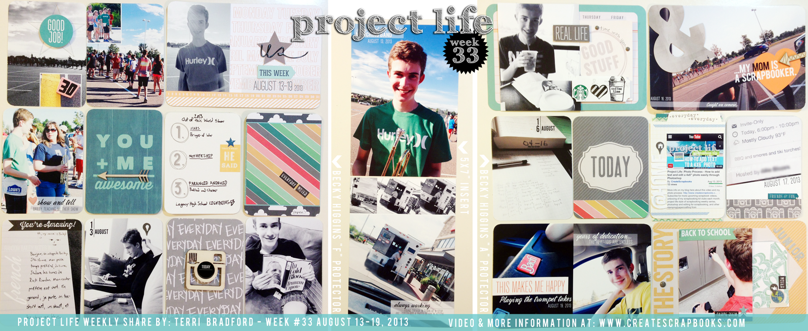 CreateScrapbooks.com Project Life Process Idea Video Week 33 2013 Layout Complete (F, A and 5x7 page protectors by Becky Higgins)