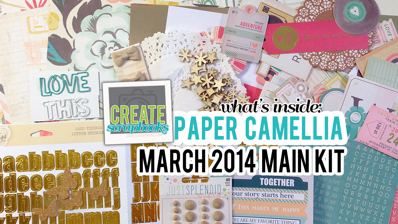 March 2014 PaperCamellia.com scrapbooking monthly kit club (main scrapbook kit) featured at scrapclubs.com