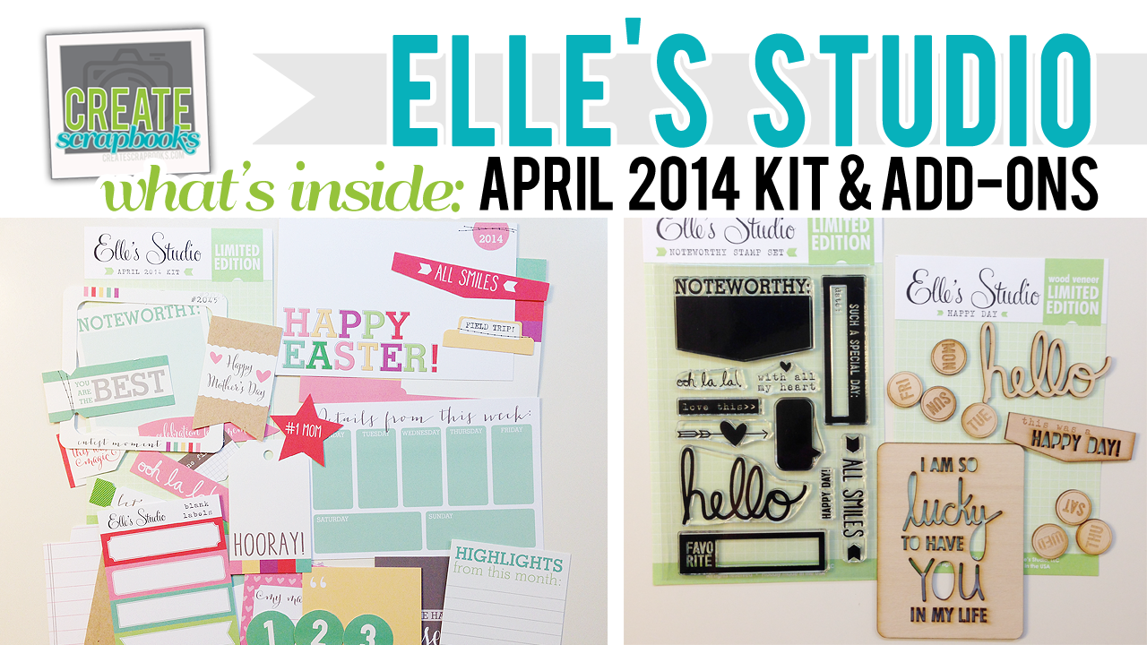 http://youtu.be/OcrFiv6GL8U Create Scrapbooks What's Inside Video Elle's Studio - April 2014 - Elle's Studio Monthly Kit (Exclusive Project Life Cards/Tags, Paper Embellishments + Stamps + Wood Veneer + Die Cuts) featured at scrapclubs.com